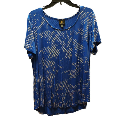 JM Collection Royal Blue Gold Metallic Print Top Short Sleeve Casual New