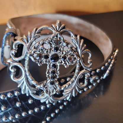 LeatherRock Genuine Leather Black Belt Silver Buckle Large 36 Studded Cross