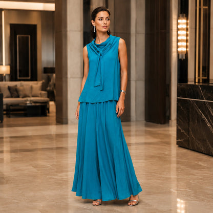 Halston Heritage Turquoise Blue Sleeveless Layered Tie-Neck Maxi Gown Dress 16