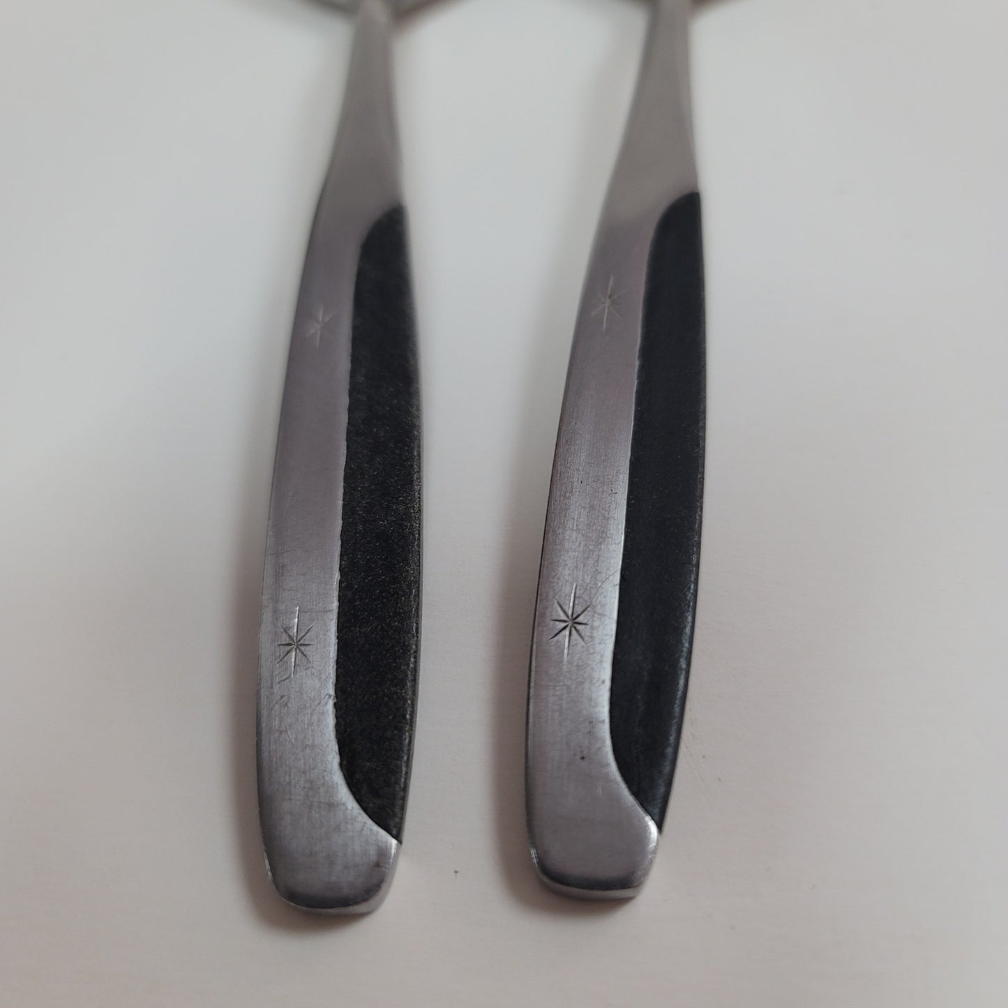 2 Stainless Soup SPOONS Stanley Roberts Japan NITE AND DAY pattern silver black
