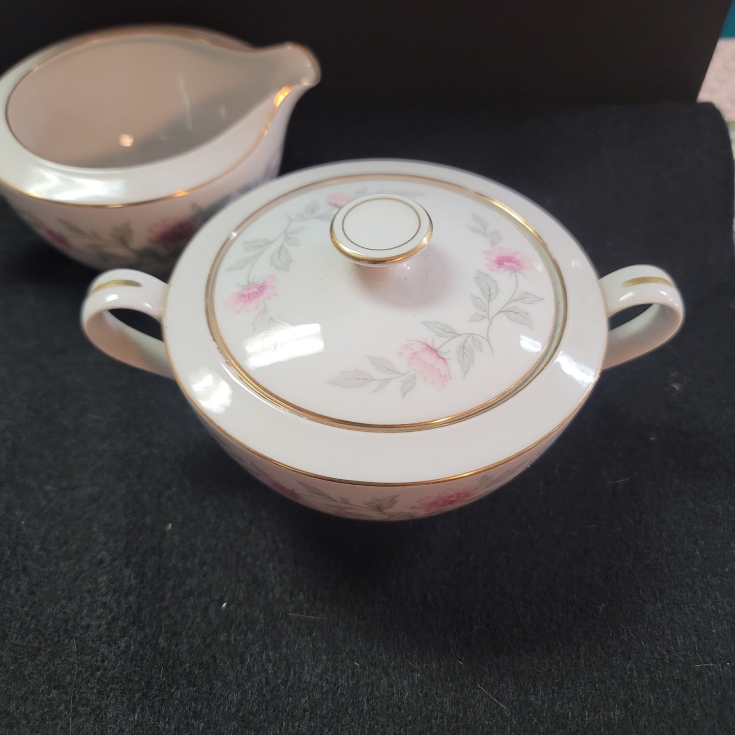 Creamer and Sugar Bowl with Lid Briar Rose by Valmont Pink Flower Gray Stems