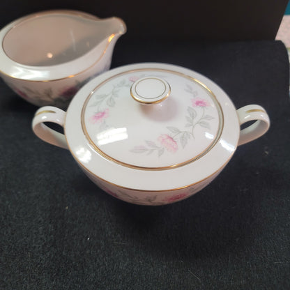 Creamer and Sugar Bowl with Lid Briar Rose by Valmont Pink Flower Gray Stems