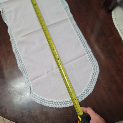 Vintage Oval Pink white lace edge swiss dot table runner textile vanity table