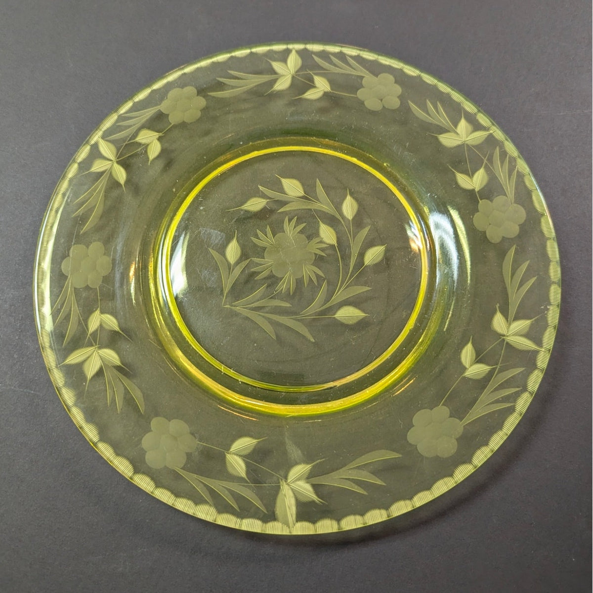 Antique etched glass depression plate yellow uranium
