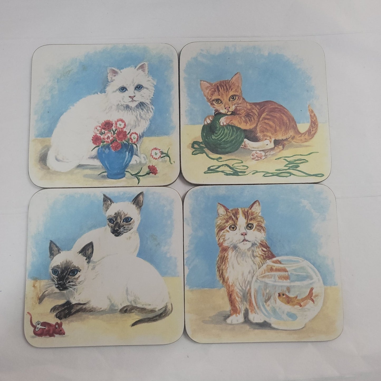Set of 4 Vintage kitty Cat drink coasters tabby 4" table