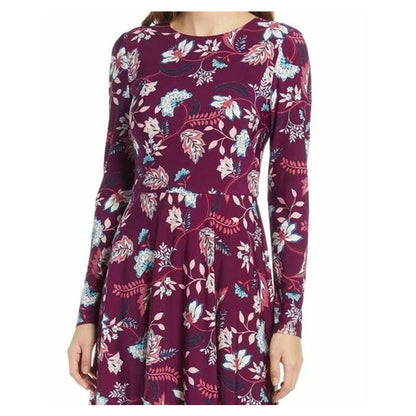 Eliza J Floral Aubergine Long Sleeve Midi Dress Size 4 in Maroon Multicolor NWT