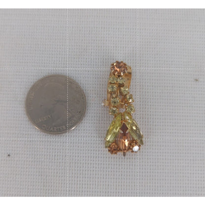 Vintage Amberina Pink Rhinestone Goldtone Drop Clip Earrings Retro Glamour