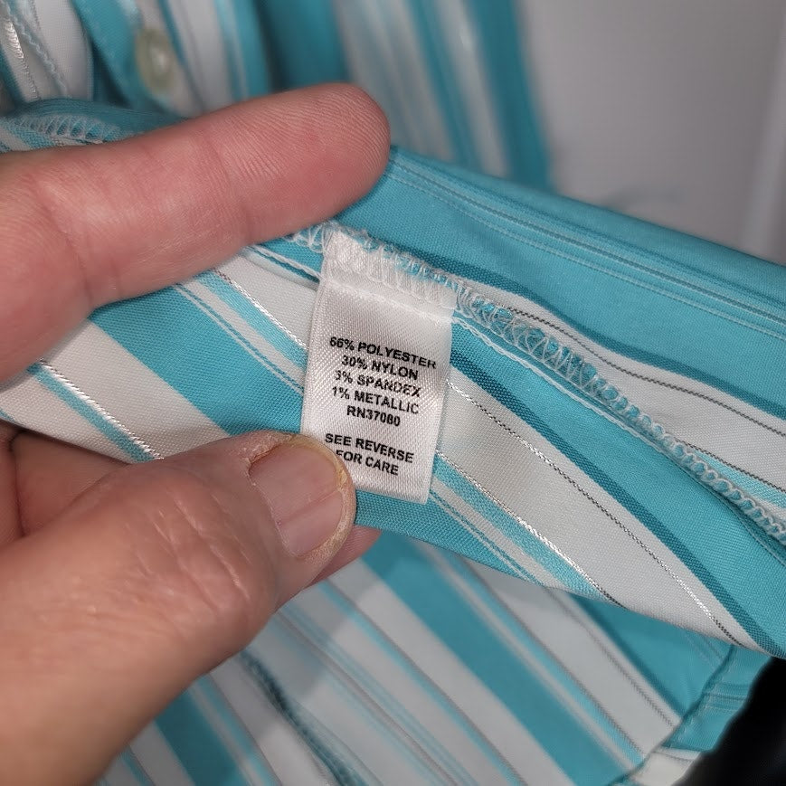 Cato Turquoise Teal & White Striped V-Neck Blouse Large Button Up Silver Thread