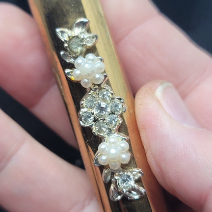 Vintage Rhinestone Faux Pearl Gold Tone Retractable Travel Toothbrush Case