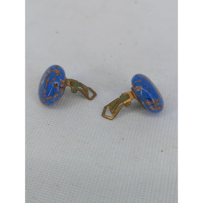 Vintage Blue Gold Fleck Glass Cabochon Clip-On Earrings Retro Mod Round