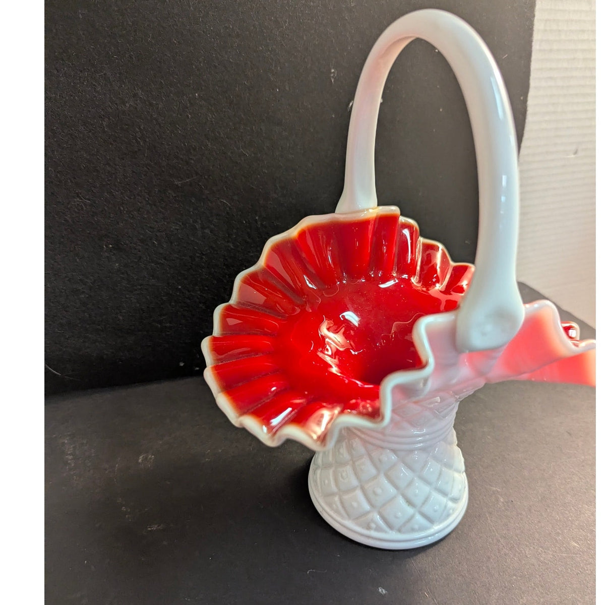 Vintage Fenton Ruby Overlay Diamond Optic Ruffled Glass Basket Centerpiece