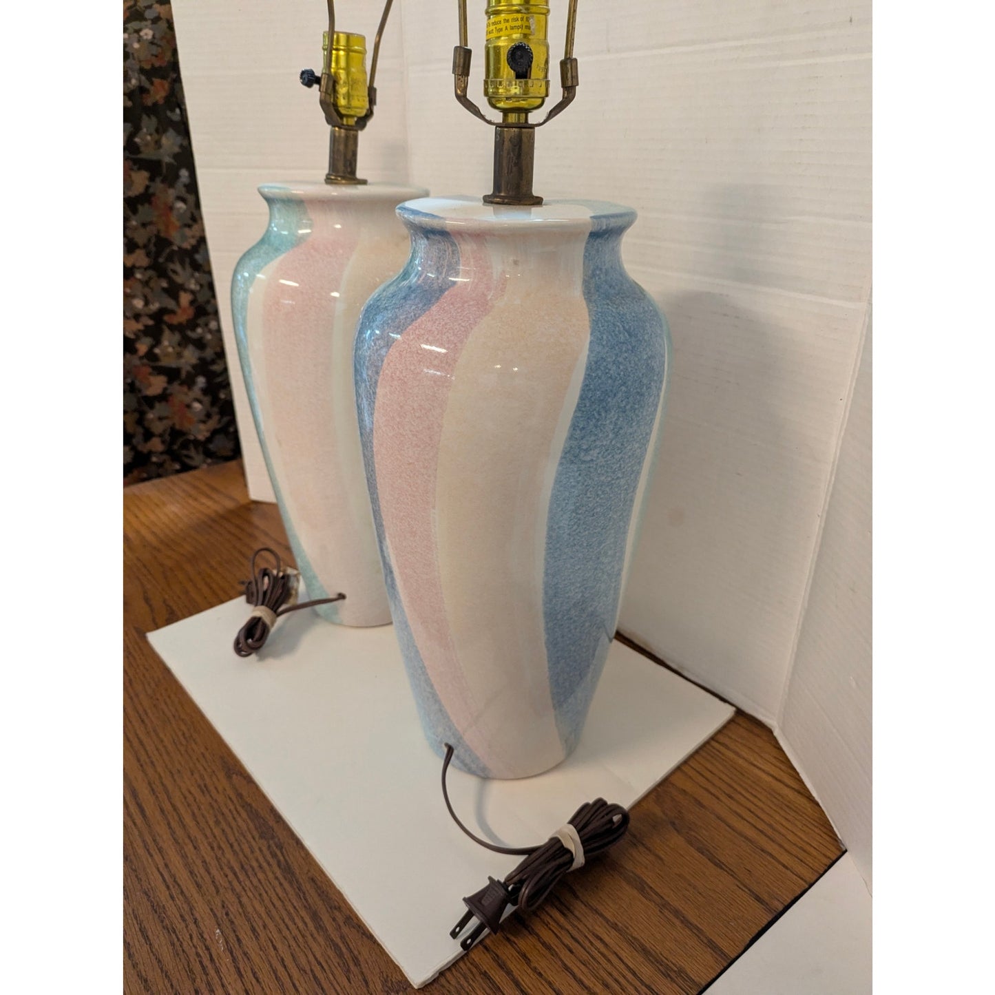 Vintage Montgomery Ward Pastel Ceramic Table Lamps Set Blue Pink Swirl Retro