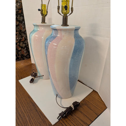 Vintage Montgomery Ward Pastel Ceramic Table Lamps Set Blue Pink Swirl Retro