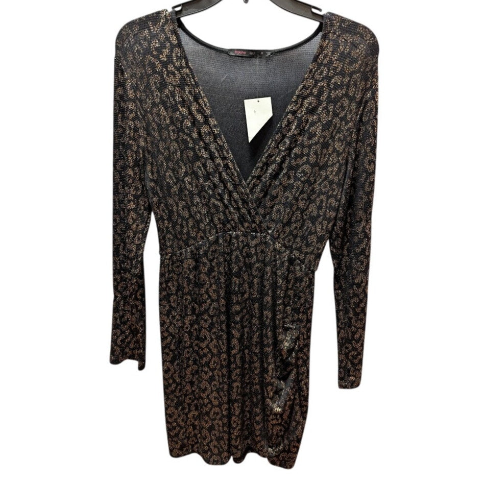 Fraiche by J Black & Gold Metallic Lurex Long Sleeve Dress Medium Sheer Leopard