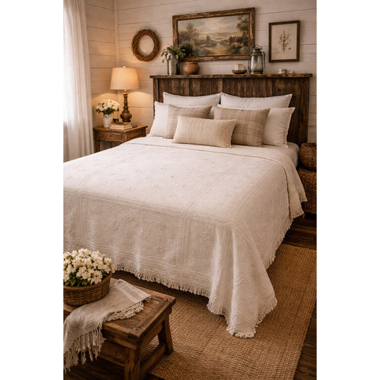 White coverlet blanket  Woven squares fringe white king or queen vintage texture