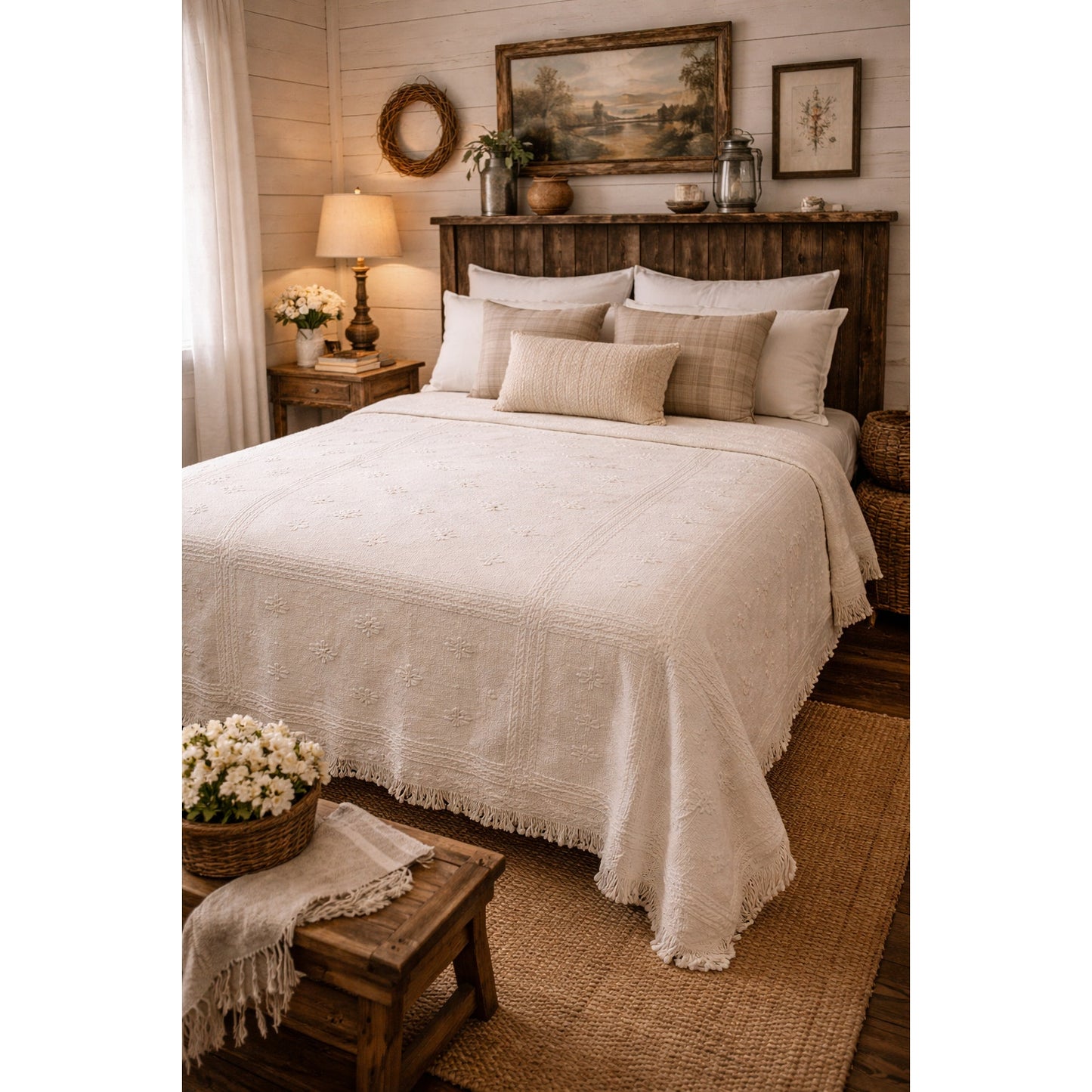 White coverlet blanket  Woven squares fringe white king or queen vintage texture