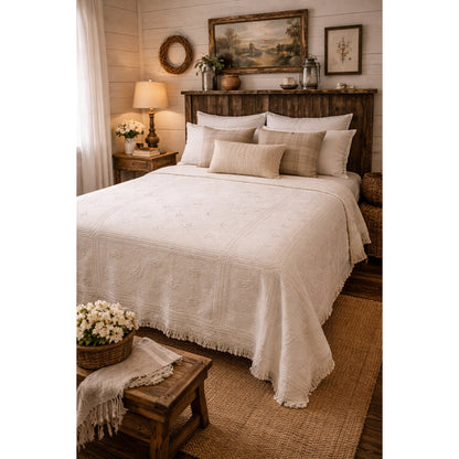 White coverlet blanket  Woven squares fringe white king or queen vintage texture