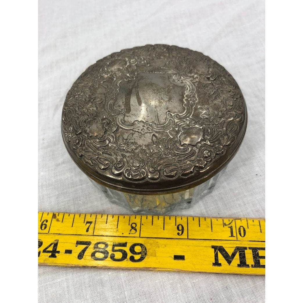 Vtg Crystal Glass Makeup Powder Jar Ornate Floral Silverplated Mirrored Lid