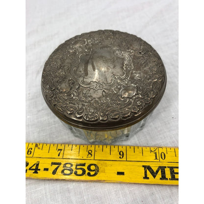 Vtg Crystal Glass Makeup Powder Jar Ornate Floral Silverplated Mirrored Lid