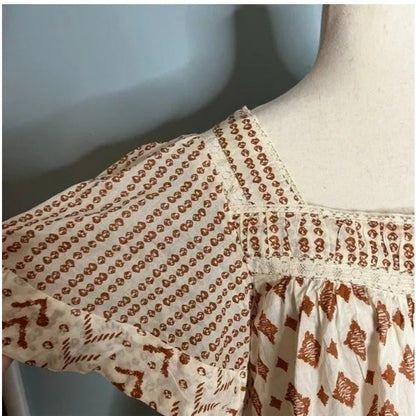 Free People SMALL  Mini Dress Tunic Short Sleeve Square Neck Brown Ivory Print
