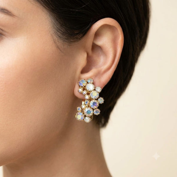 Vintage White Iridescent Stone Cluster Cuff Vintage Rhinestone Clip On Earrings