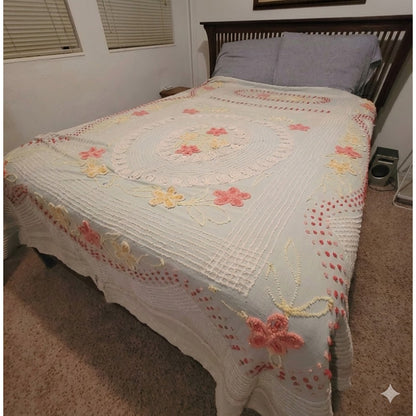 Chenille bedspread blanket Coverlet Flower NEED REPAIR blue red yellow FULL