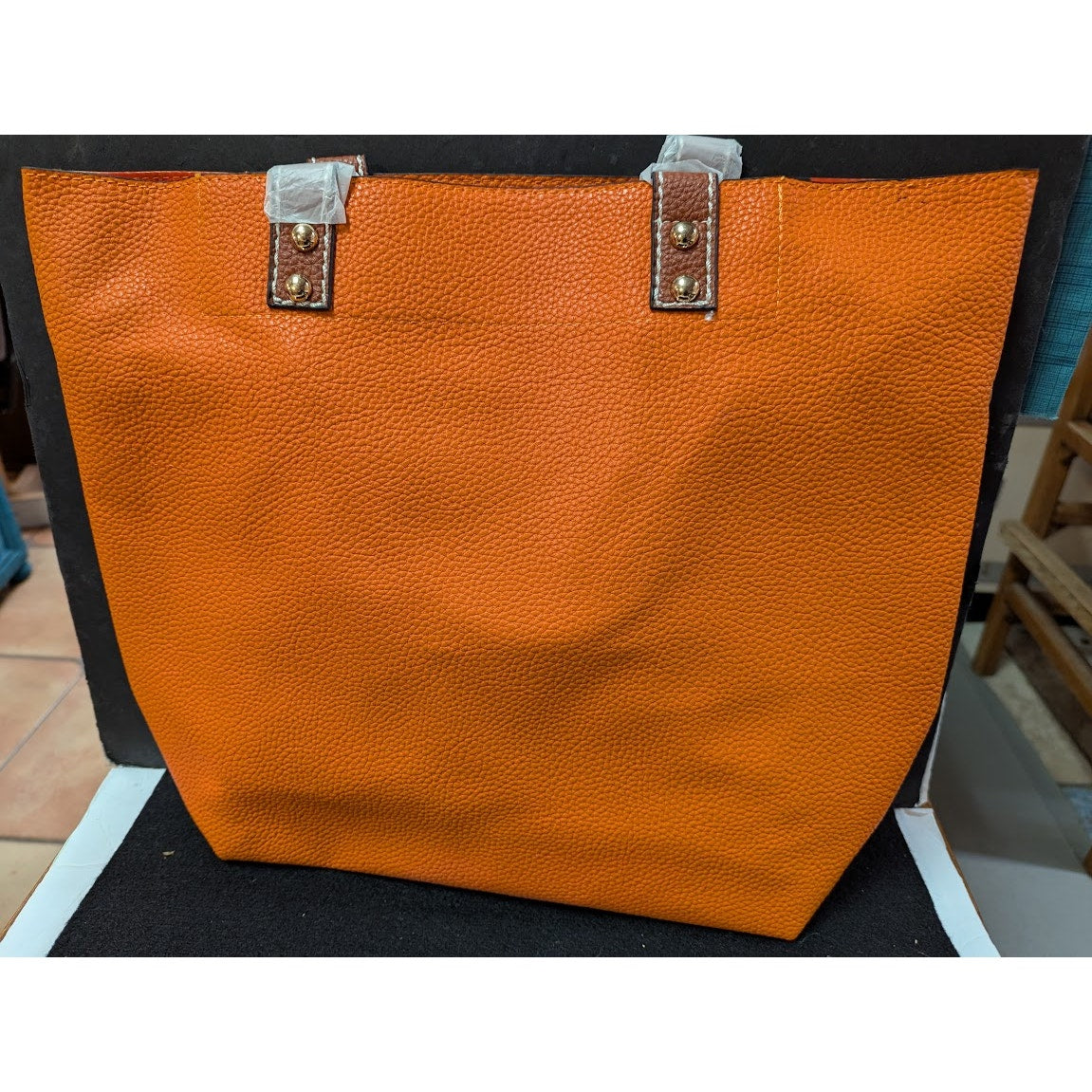 Vegan Faux Pebbled Leather Orange Removable bag Tote NEW Purse Front zip pocket
