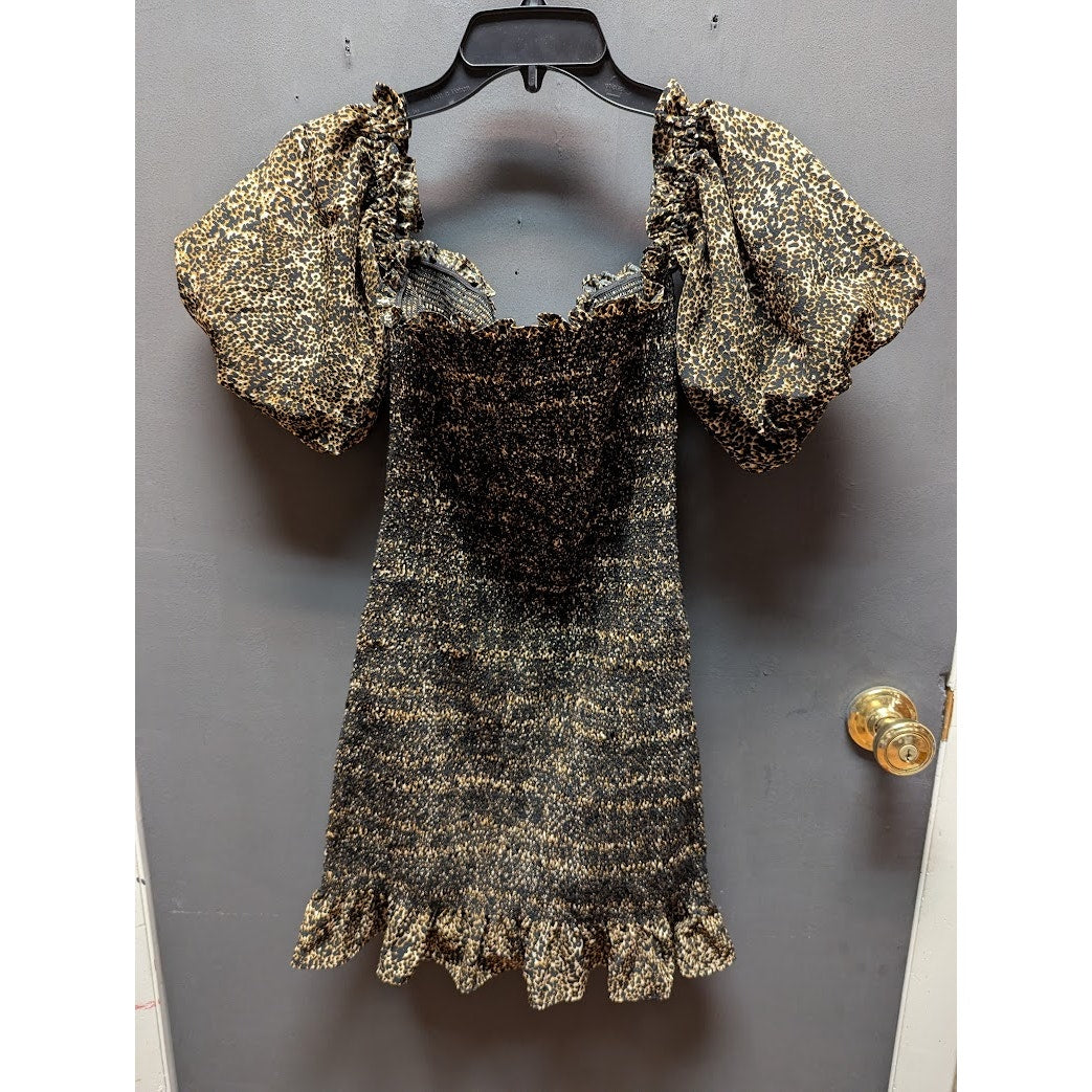 Topshop Gold & Black Smocked Off-the-Shoulder Mini Dress Size 2 NEW Summer