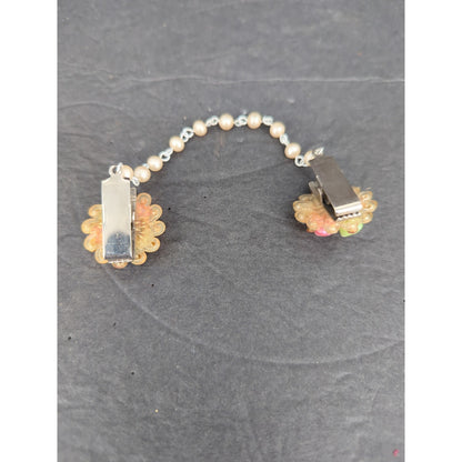 Vintage Pastel Shell Rhinestone Pearl Sweater Guard Clip Chain Cardigan Clamp