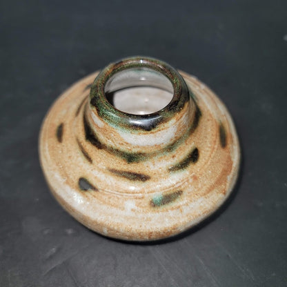 Mini Handmade thrown clay vase golds greens 4" wide signed