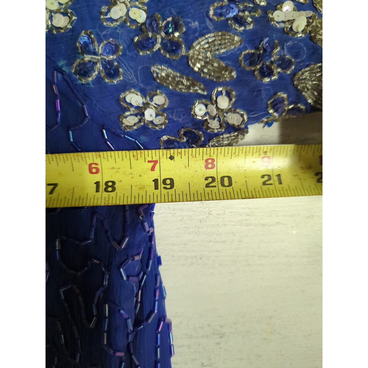 Vintage Laurence Kazar Silk Beaded Dress Royal Blue Sequin Flawed Repair 1X