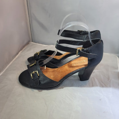 Aerosoles Jay Bird Womens 10 Med Black Leather Ankle Strap Open Toe Block Heels