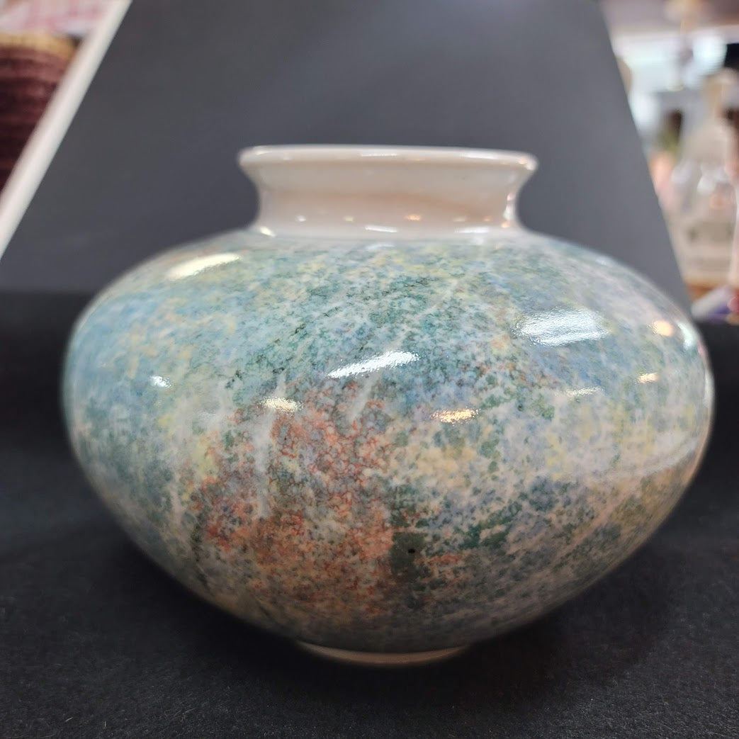 Peter Shearer large spherical vase speckled blue green Auckland New Zealand