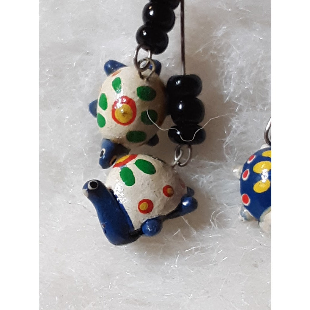 Artisan HANDMADE Earrings Black Seed Beads Dangle  French wire TURTLES