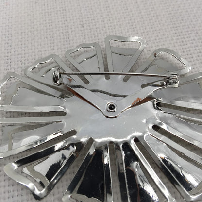 Vintage Fashion LARGE silvertone brooch pin starburst flower