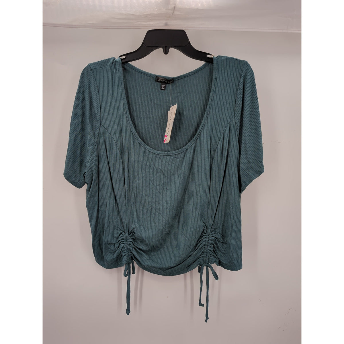 Curvy Sense Teal Green Ribbed Ruched Drawstring Crop Top Size 3X NWT