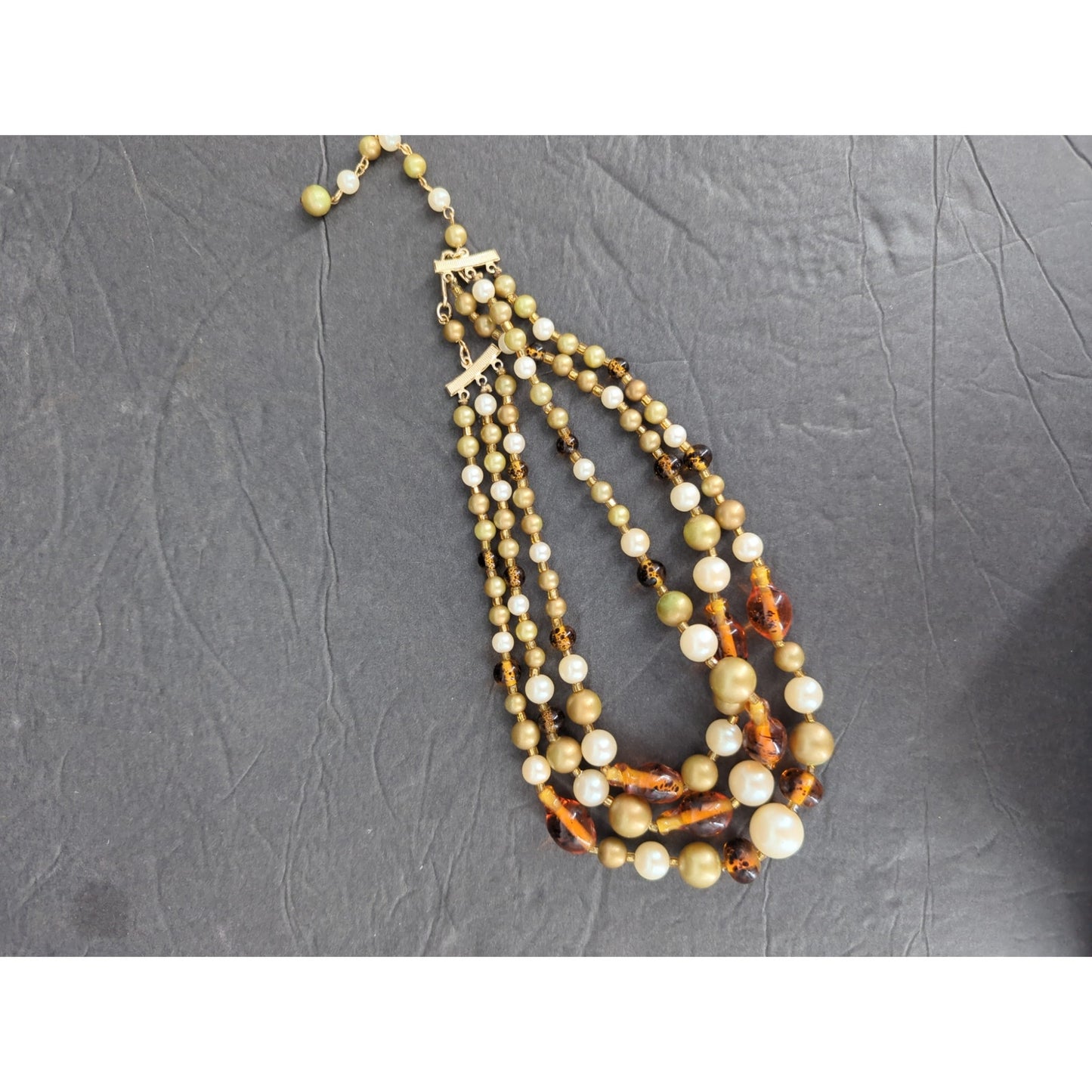 Vintage Multi Strand Amber & Pearl Bead Necklace Mid-Century Statement Jewelry