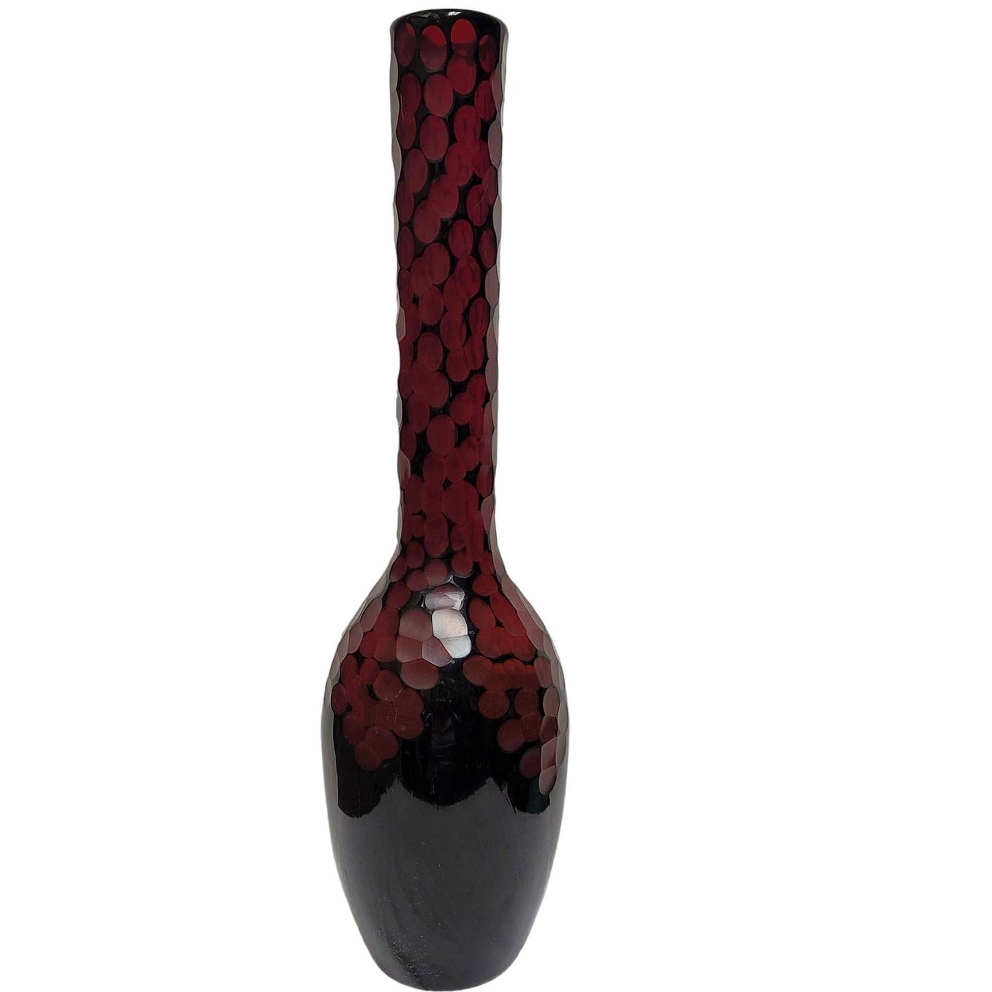 Glass hand blown 19"  Deep Ruby Blood Red vase Plucked top Pontil Thumbprint