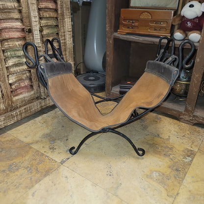 vintage black Wrought iron fireplace log holder suede leather carrier log tote