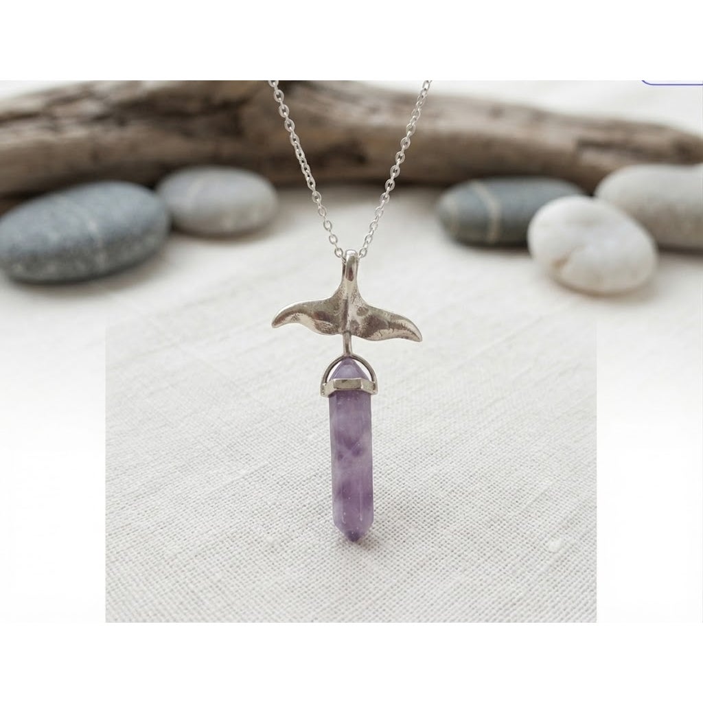 Handcrafted .925 Silver Tone Whale Fluke Pendant with Raw Amethyst Crystal Point
