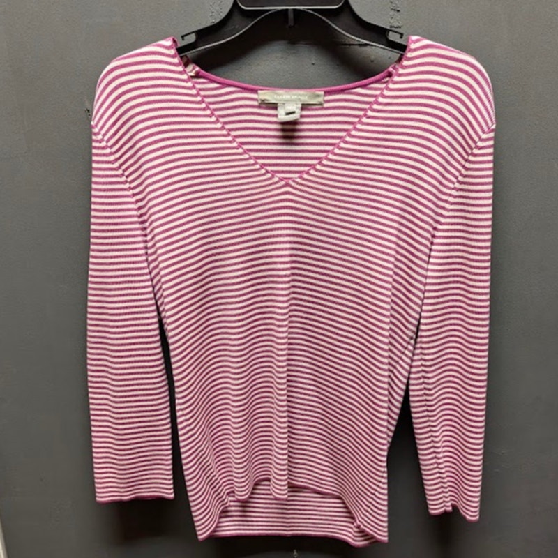 Ellen Tracy Medium SILK Sweater striped pink Ivory VNeck long sleeve preppy Y2K