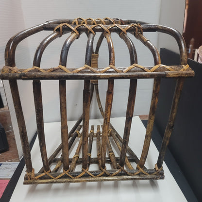 Vintage MCM wood Bamboo magazine rack large rattan wicker 17" tall catch all