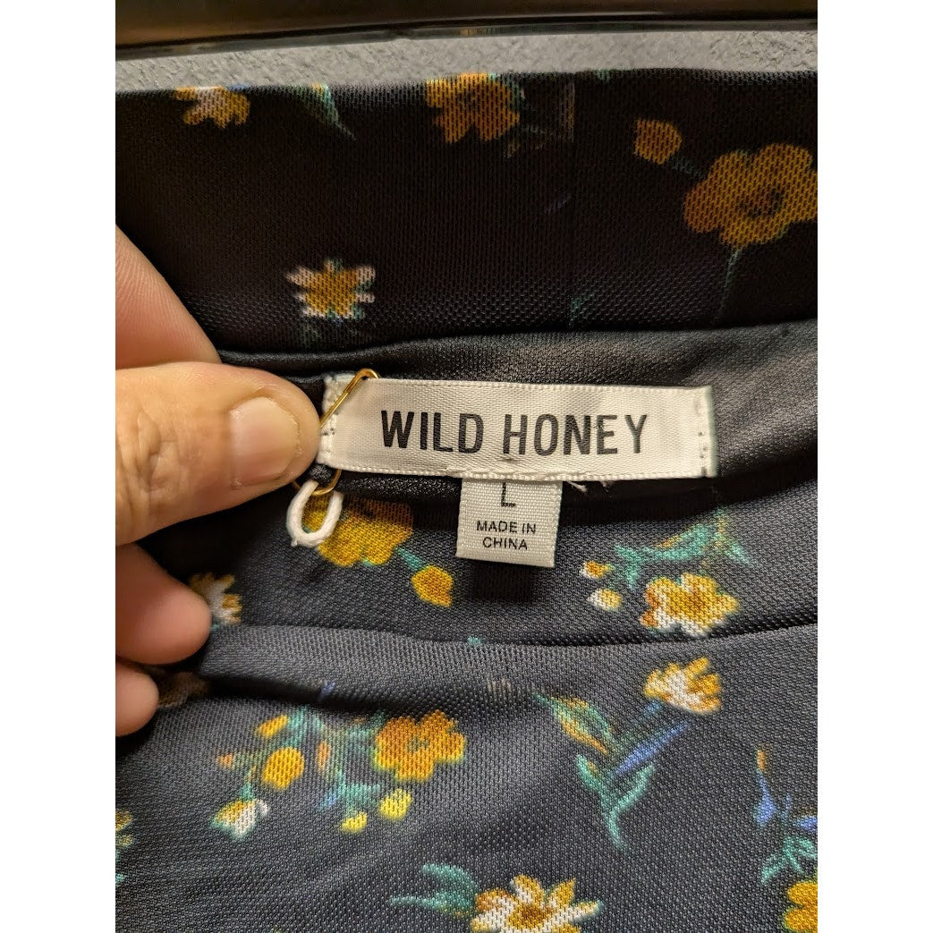 Wild Honey wiggle Black Floral Skirt Side drawstring size LARGE