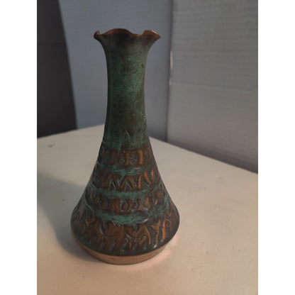 Vintage Hadar Handmade Spain Copper Verde Patina Hammered Vase