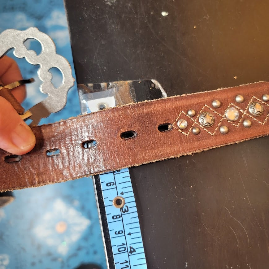 BKE Genuine Leather Large Belt Brown Studded Silver Buckle Boho Western