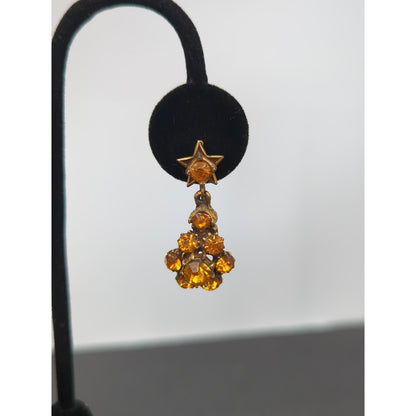 Celestial Vintage Star Amber Rhinestone Chandelier Dangle Screw Back Earrings