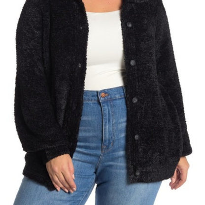 Susina Teddy Fuzzy Eyelash Front Button Cardigan Sweater Long Sleeve Black SMALL