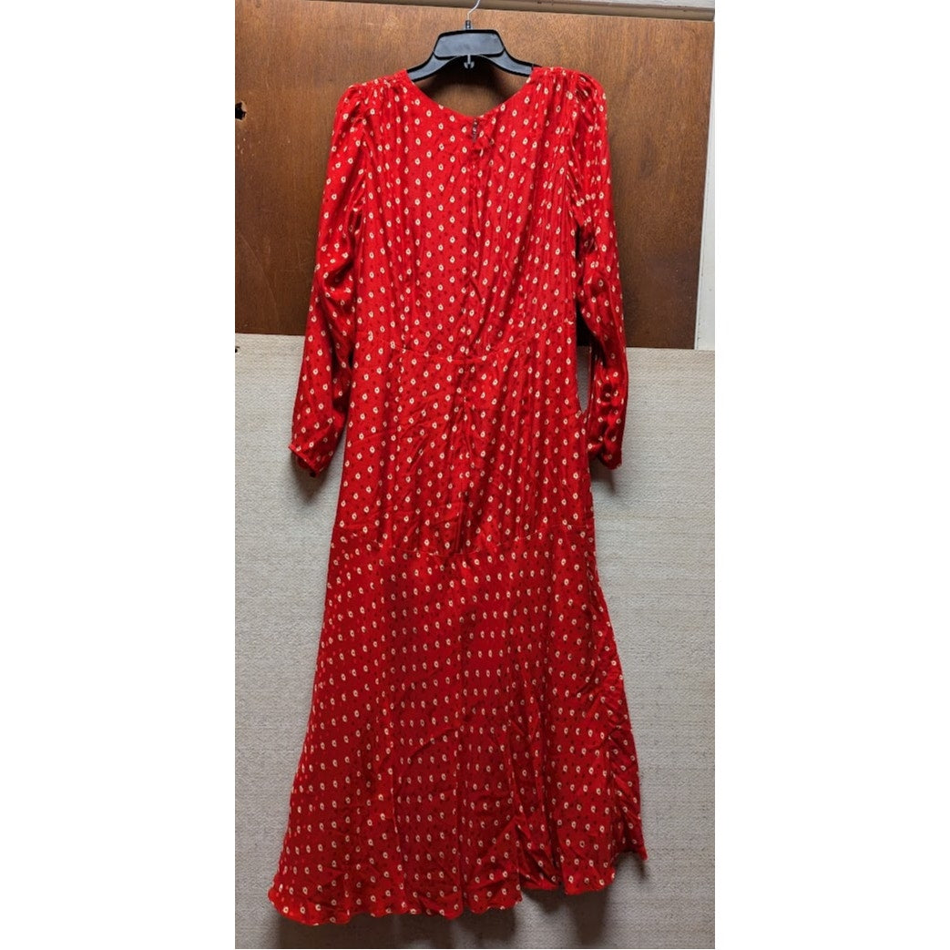 Rebecca Taylor Silk Red Midi Dress Long Sleeve VNeck Modesty Size Medium NEW