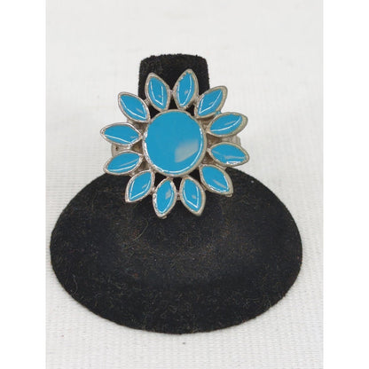 Vintage Silver Tone Enamel Sunflower Ring Boheme Bohemian Daisy Y2K Light Blue