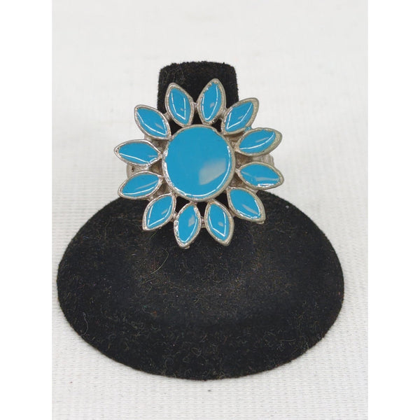Vintage Silver Tone Enamel Sunflower Ring Boheme Bohemian Daisy Y2K Light Blue